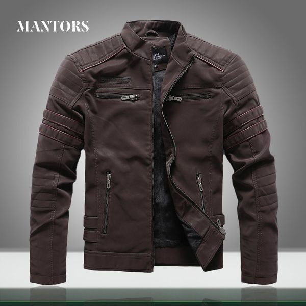 

mens leather jacket casual autumn winter stand collar men motorcycle jackets fleece zipper pu leather coats 201111, Black;brown