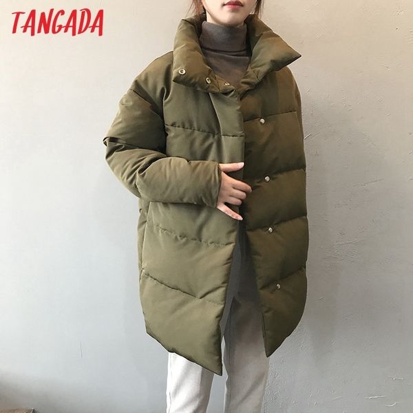 

tangada women amy green oversize long parkas thick winter long sleeve buttons pockets female warm coat asf73 210203, Black