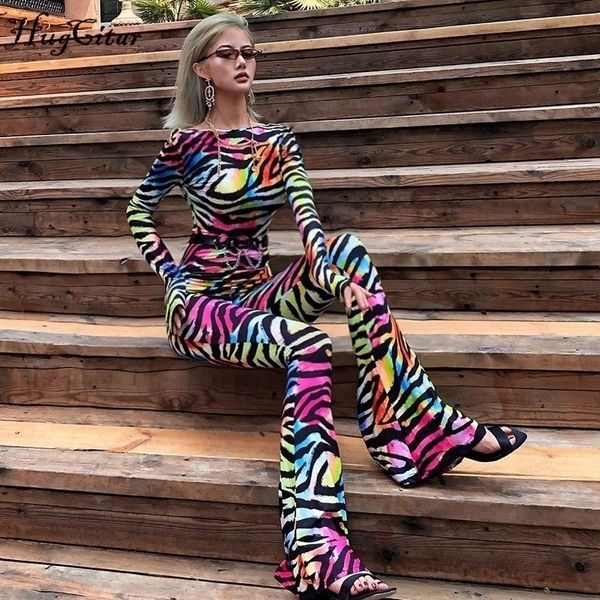 

hugcitar backless autumn winter women flare jumpsuit romper streetwear print rainbow club party striped bodycon body y200106, Black;white
