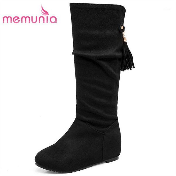 

boots memunia arrive 2021 autumn winter mid calf height increasing fringe women round toe high heel size 34-431, Black