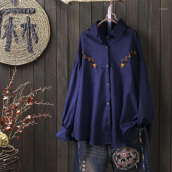 

zanzea spring denim blue shirts fashion floral embroidery blouse women casual lapel long sleeve tunic blusas female chemise1, White