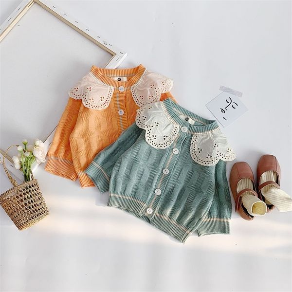 

spring autumn cute girls fashion lacework collar knitted sweater cardigans baby girl casual sweaters 1-5y 201212, Blue