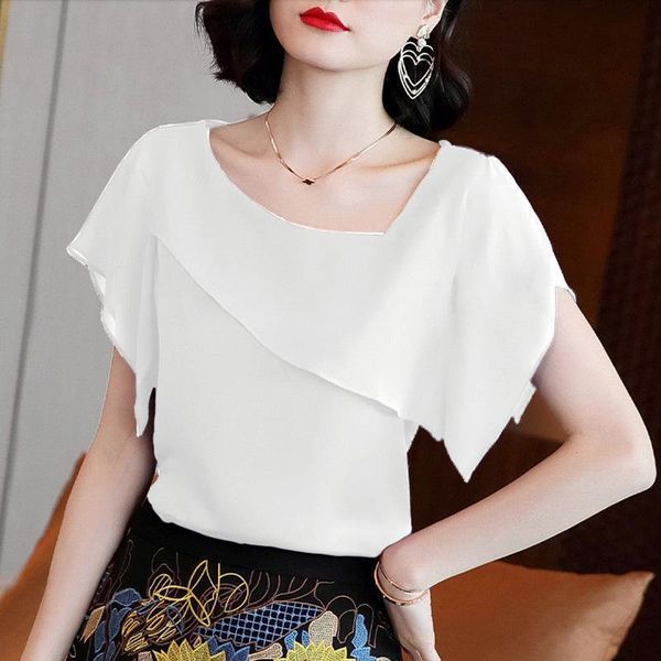 

women's blouses & shirts women spring summer chiffon lady casual o-neck short sleeve blusas df0009, White
