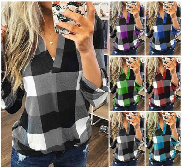 

women v-neck check lattice plaid shirt long sleeve lady casual loose blouse plus size s-3xl kg-60, White