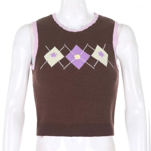 

vintage knitted vest women autumn argyle plaid jacquard sleeveless sweater preppy style o-neck slim fit pullover jumper tank, Black;white