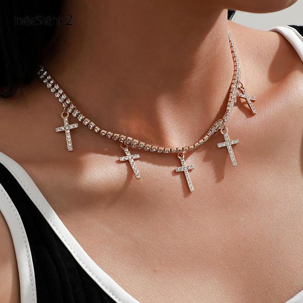 

ingesight.z statement multiple cross pendant necklace shiny rhinestone crystal short choker necklaces collar for women jewelry, Silver