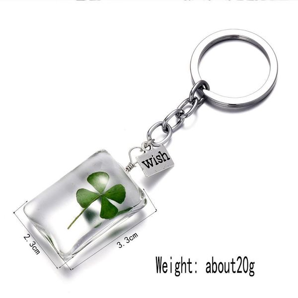 

leaf label design natural keychain lucky four clover transparent glass pendants key chain for girlfriend, Silver