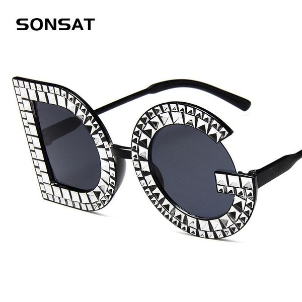 

new trend gothic big box sunglasses retro plated imitation drill womens sunglasses female letter glasses, White;black