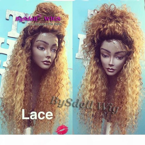 

synthetic long black root ombre honey blonde 27# color hair wig heat resistant kinky curly hair front lace wigs with baby hair