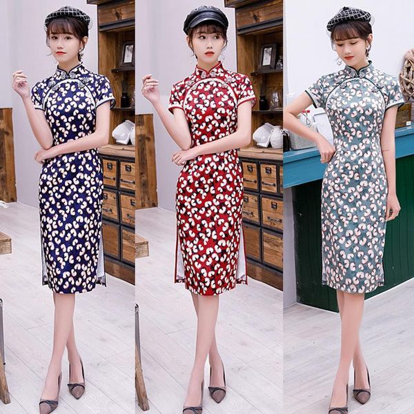 

printed women short slim cheongsam high split chinese traditional dress plus size rayon qipao vestidos1, Red