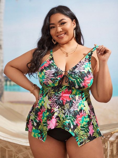 

plus tropical print tie front high waisted bikini swimsuit u5sk#, Black