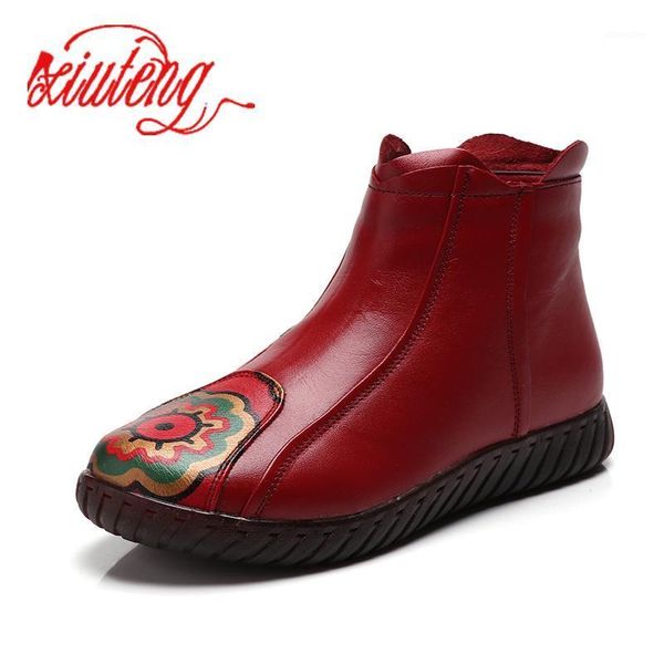 

boots 2021 winter vintage style ladies' genuine leather shoes women's flat-foot ankle with zipper side flower warm boots1, Black