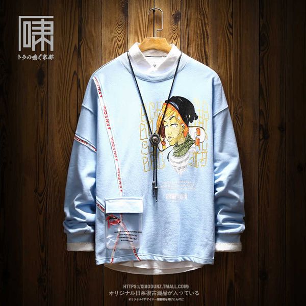 

casual chinese sweatshirt pocket hipster round neck trendy printing cartoon hoodies cotton slim fit japanese streetwear clothing, Black