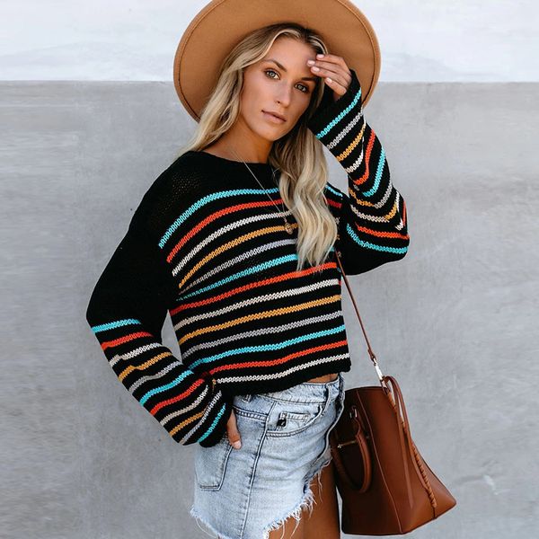 

new autumn / winter 2020 women's knitwear striped net red lantern sleeve fashion sweater, White;black