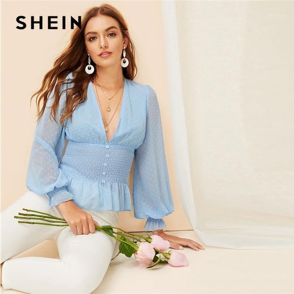 

shein boho blue deep v neck peplum smocked jacquard bishop sleeve buttoned blouse spring women elegant romantic blouses1, White
