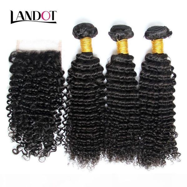 

3 bundles cambodian curly virgin human hair weaves with closure unprocessed cambodian deep kinky curly hair and lace closures natural color, Black