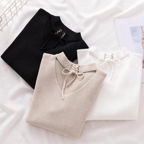 

women's sweaters women pullover sweater 2021 winter v-neck hollow long sleeve knitted stretch solid casual slim jumpers pull femme, White;black