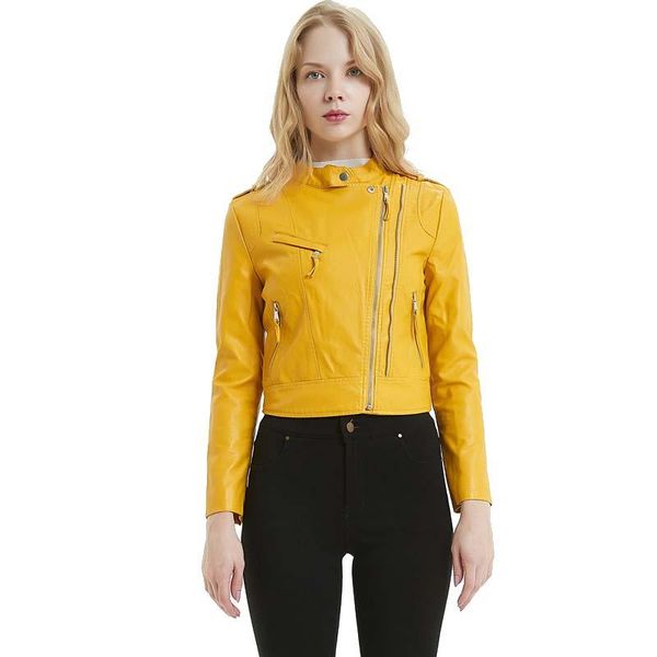 

yellow petite stand collar faux leather biker jacket for women cute ladies epaulet slant zipper cropped moto pu leather jacket, Black