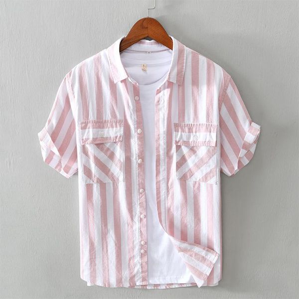 

striped short sleeve shirts for men 2020 new fashion 100%cotton summer casual shirts chest pocket decoration men's clothing, White;black