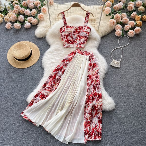

summer bohemian women two piece dress strapless camis + high waist patchwork pleated skirt female vacation beach suit 2022, White