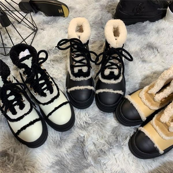 

boots lambswool snow short splice lace-up platform winter metal decoration women's shoes1, Black