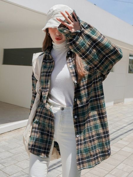

dazy plaid print oversized blouse h1e4#, White