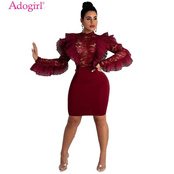 

adogirl burgundy ruffle sheer lace bodycon dress o neck long sleeve empire sheath mini night club party dresses women vestidos y200418, Black;gray