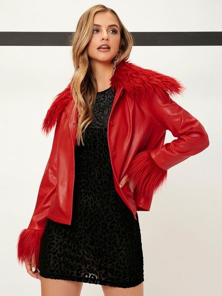 

contrast fuzzy button front patent jacket 58d0#, Black;brown