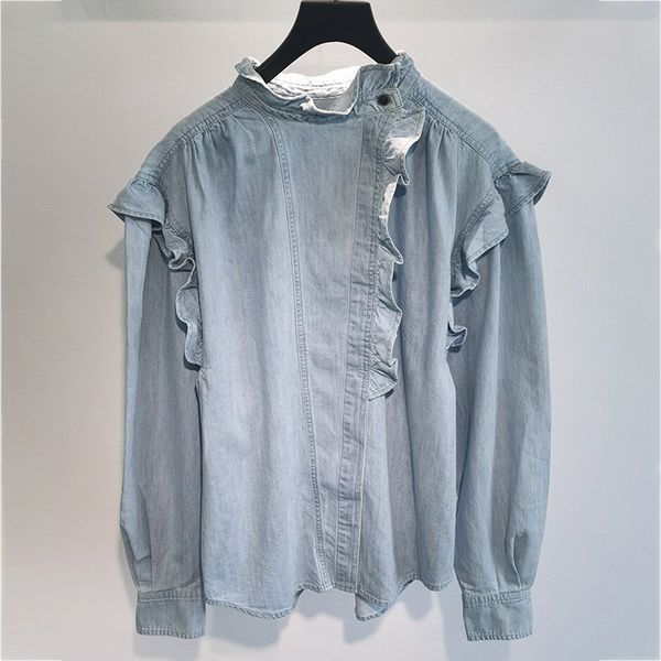 

new ruffles vintage blue blouse women spring long sleeve ruffled neck button cotton shirts femme casual retro cozy shirt 2021 gh8j, White