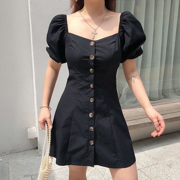 

summer 2020 new women's single breasted bubble sleeve palace style waist slim dress, Black;gray