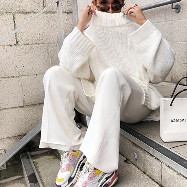 

new 2020 women's autumn winter knitted long sweaters women oversize pullover turtleneck solid minimalist loose 1, White;black