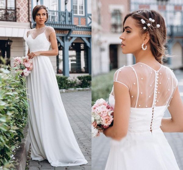 

pearls boho simple wedding dresses 2021 short sleeves a line beach garden robes de mariée sheer sweep train bridal gowns v43, White