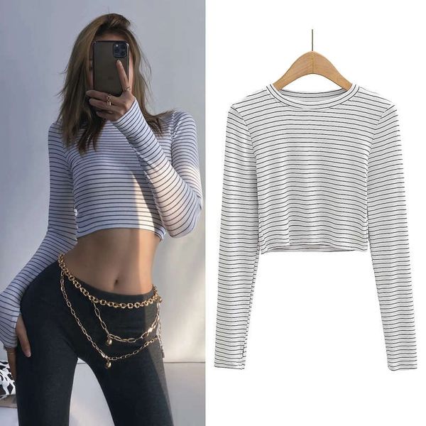 

leaky umbilical stripe bottoming shirt ins trendy women's high crew neck short long sleeve t-shirt, Black;brown