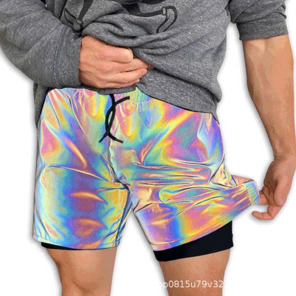 

reflective men's hip hop night colorful light outdoor sports tight running yoga fitness shorts set fashion, Gray