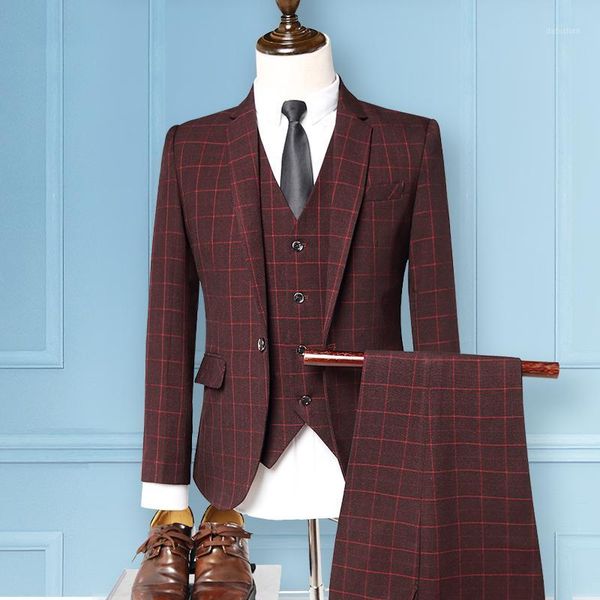 

men's classic plaid suit set of 3 sets, fashion business slim professional wear, men's ceremonial host dress1, White;black
