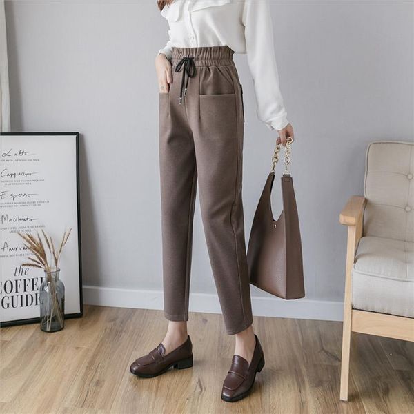 

s 5xl plus size women woolen pants casual elastic high waist ankle length pants autumn winter trousers chic pencil harem, Black;white