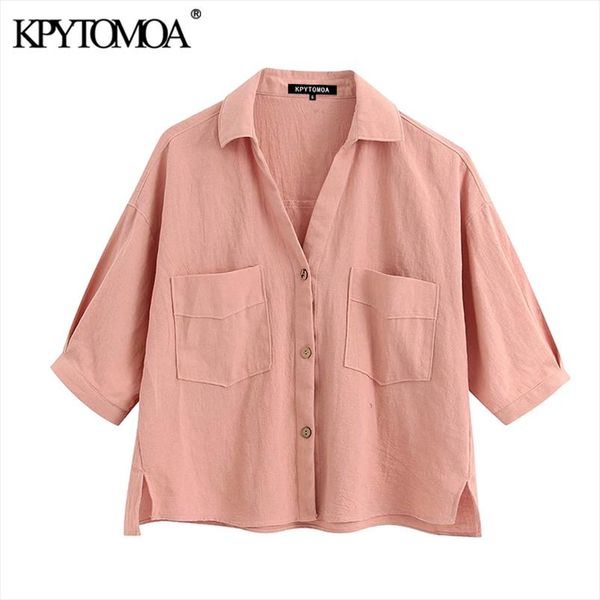

kpytomoa women 2020 fashion pockets cropped linen blouses vintage lapel collar short sleeve side vents female shirts chic, White