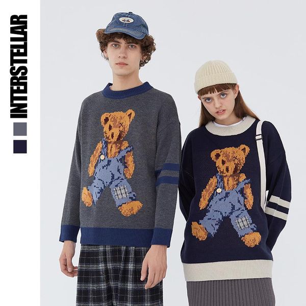 

men's sweaters spring autumn bear knitted jumpers streetwear england style harajuku casual pullover knitwear mens top, White;black