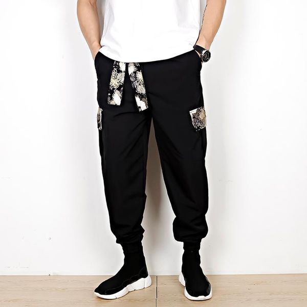 

men's pants chinoise-style casual for men in large print and japanese loose-fitting halon with wide legs, Black