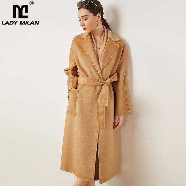 

women's double cashmere winter coat notched collar long sleeves front pockets lace up belt fashion casual outerwear overcoat, Black