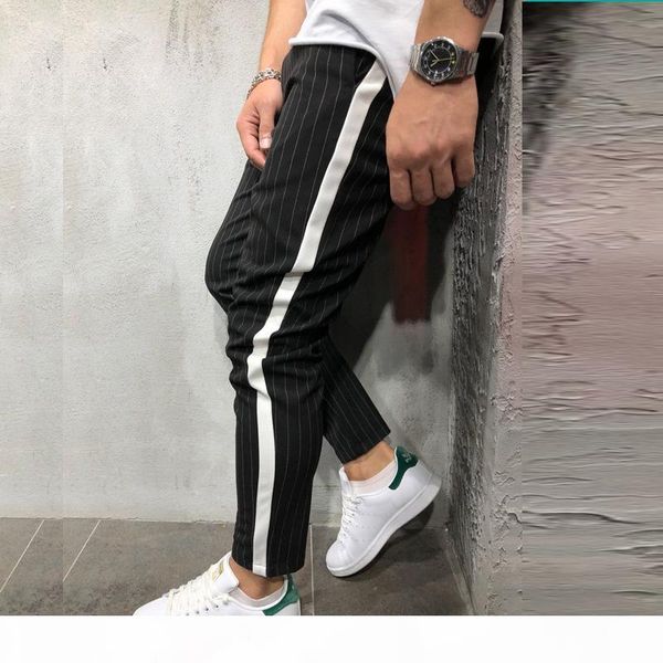 

men's ankle pants streetwear side stripes checkered trousers casual slim fit street fashion, Black
