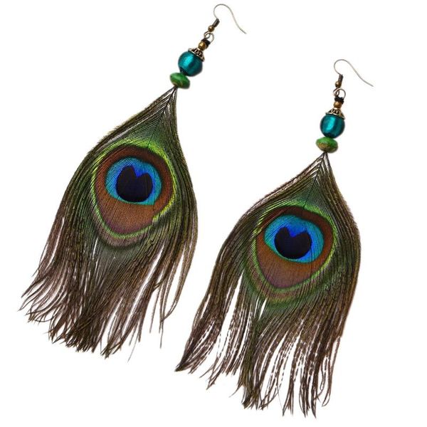 

hoop & huggie ladies long earrings handmade artificial feather vintage boho ethnic style glass, Golden;silver
