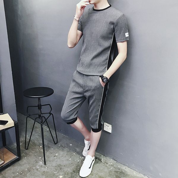 

men's sportswear clothing set short sleeve 2019 summer new sports suit casual o-neck two pieces tracksuit men -3xl, Gray