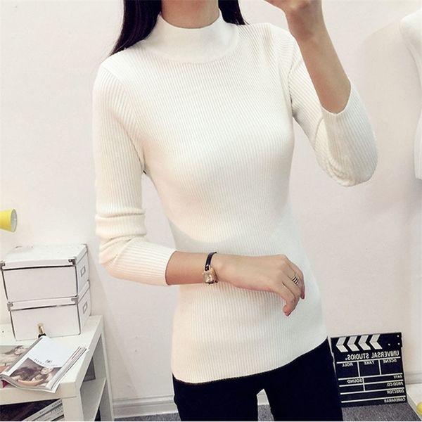 

women basic long sleeve turtleneck casual slim knit sweater winter soft solid regular size pullover elegant cotton blend 201130, White;black