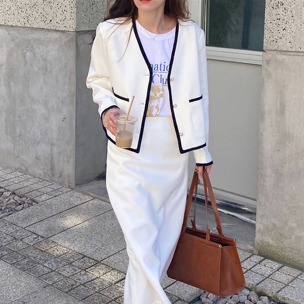 

2021 korean female style 2 piece defines solid snippets sharpen loose-v cleavage short waist jacket in straight line mid-calf skirts w20h, Gray