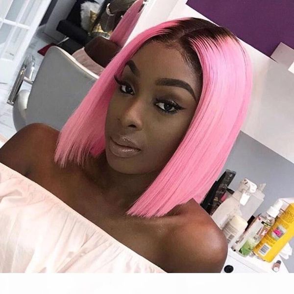 

dark roots pink short bob lace front human hair wigs pre plucked remy ombre lace wig with baby hair, Black;brown