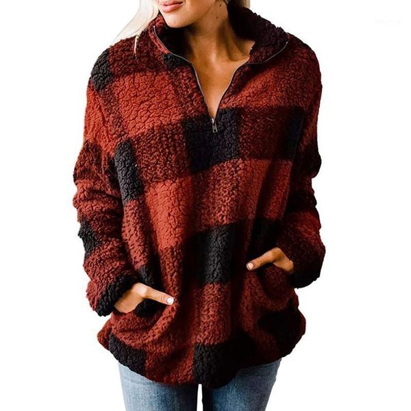 

women's pullover fleece neckline zipper sweater long sleeves high collar plaid thickened coat1, Black