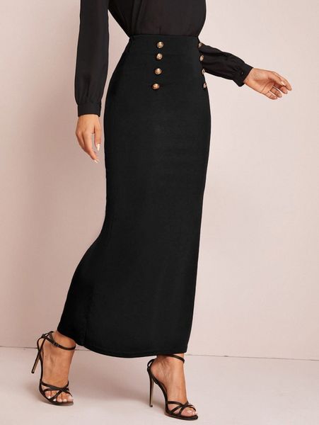 

solid buttoned front mermaid skirt v84r#, Black