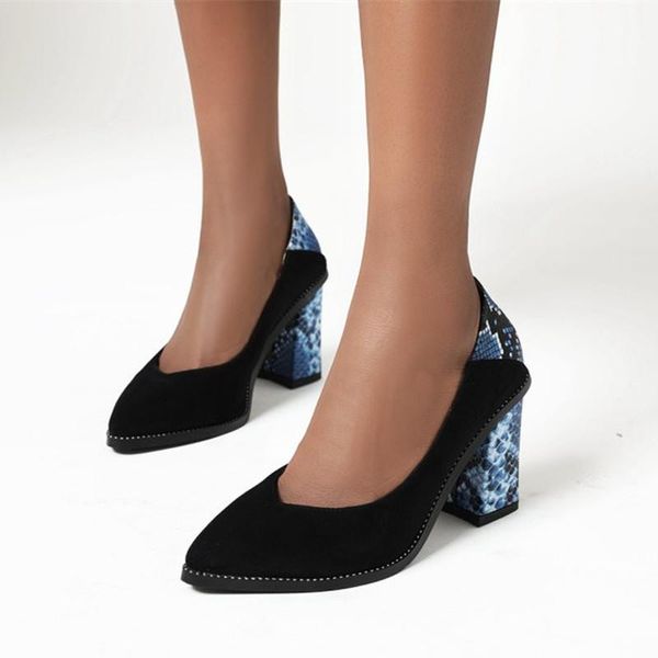 

square heels pumps snake print thick wild single leather elegant office lady pumps pointed toe party shoes women heels 8.5cm, Black