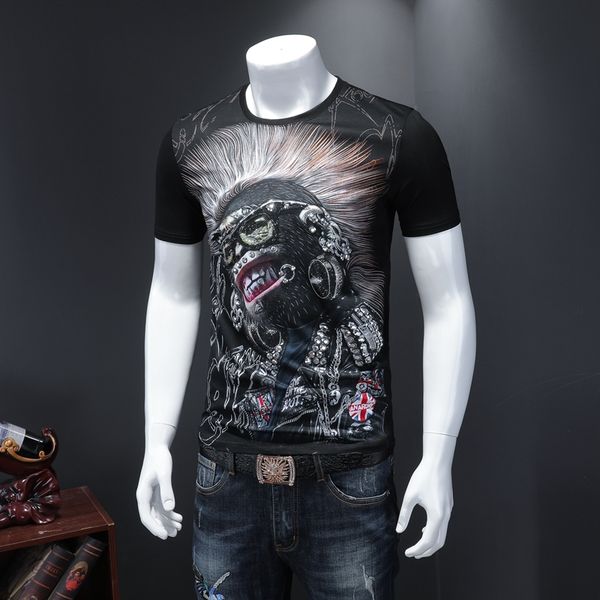 

2020 new high-quality mercerized cotton embroidered diamond men's short-sleeved t-shirt round neck slim printed bottoming shirt, White;black